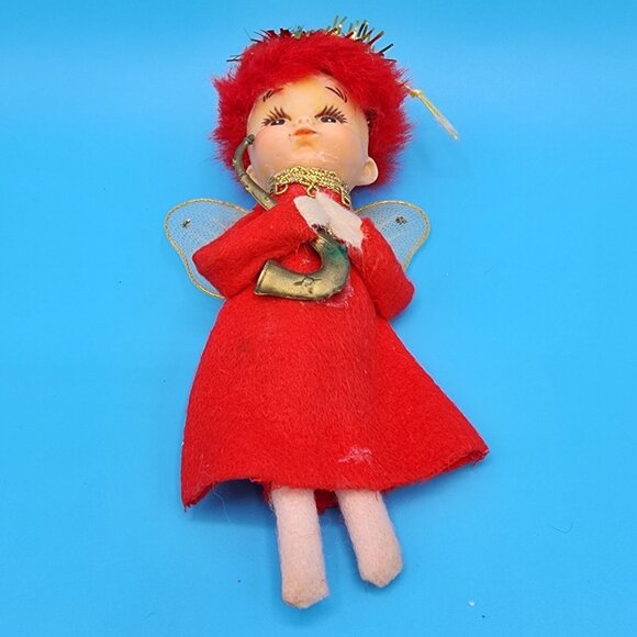 Vintage 1950s Napco Red Hair Pixie Angel Ornament Felt Elf Japan Tinsel Halo Sax - Picture 9 of 9